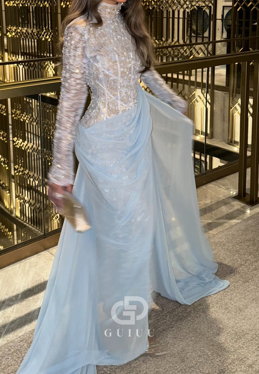 Sky Blue High Neck Backless Ruched Lace Prom Dress