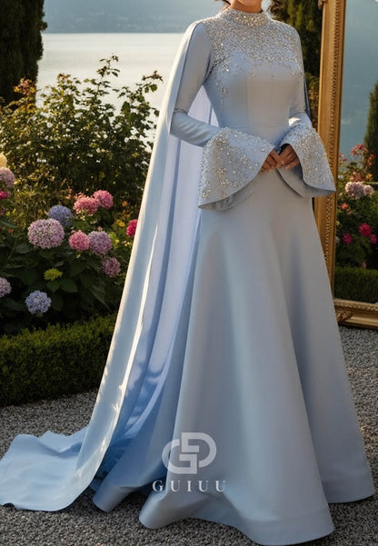 Sky Blue Long Sleeves Cape Empire-Waist Satin Evening Dress