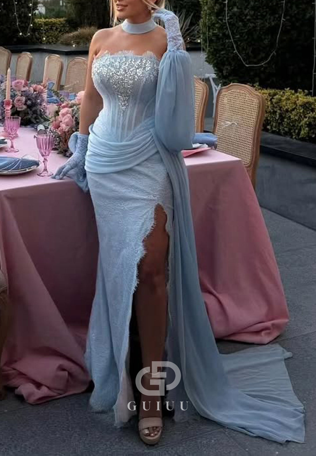 Sky Blue Long Sleeves Off-Shoulder Slit Corset Lace Prom Dress