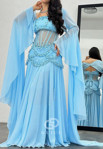 Sky Blue Long Sleeves Scoop Corset Tulle A-Line Prom Dress