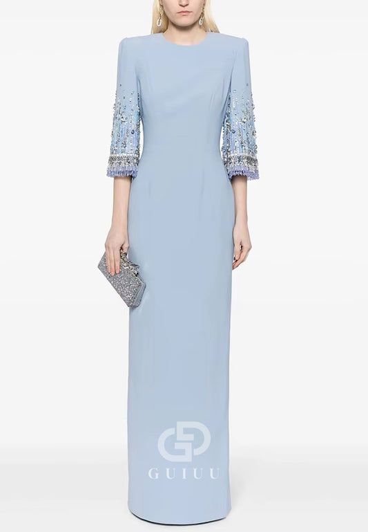 Sky Blue Long Sleeves Scoop Sequins A-Line Evening Dress