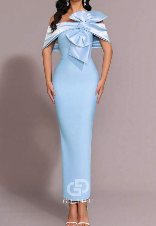 Sky Blue Off-Shoulder Bowknot Evening Dress