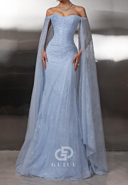 Sky Blue Off-Shoulder Cape Sequins A-Line Evening Dress
