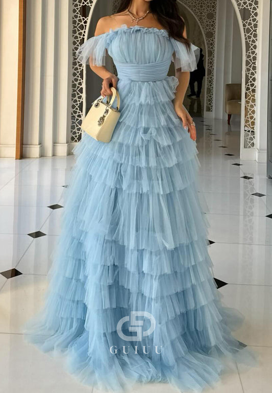 Sky Blue Off-Shoulder Sleeveless Ruffles Lace Evening Dress