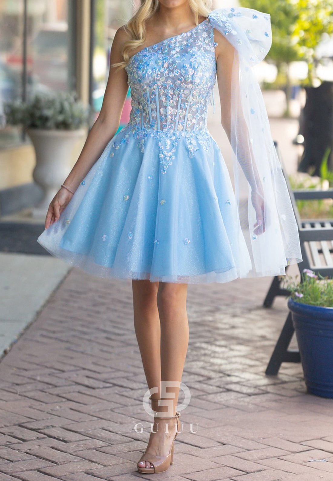 Sky Blue One Shoulder Sleeveless Corset Tulle Homecoming Dress