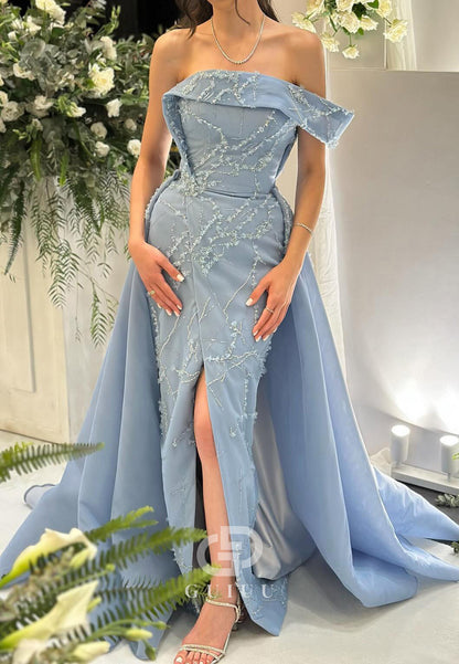 Sky Blue Sleeveless Off-Shoulder Slit Sequins Prom Dress