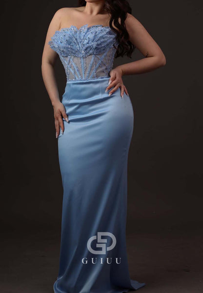 Sky Blue Sleeveless Strapless Corset Tulle Ruched Prom Dress