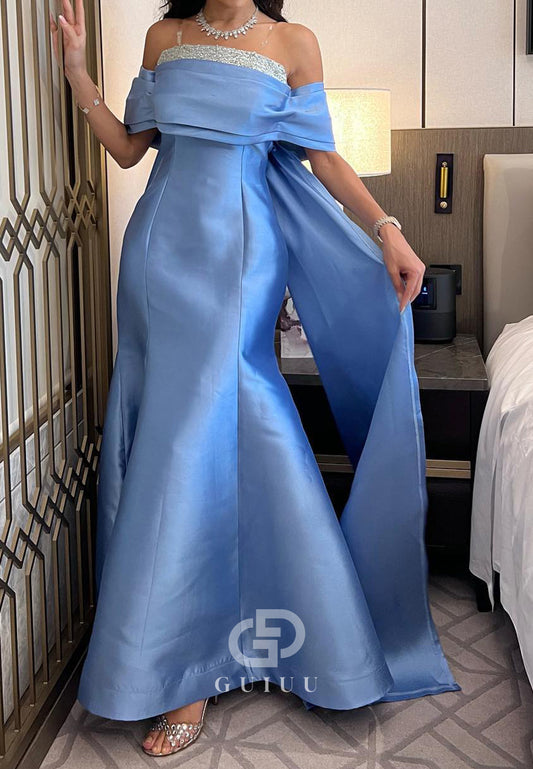 Sky Blue Spaghetti Straps Ruched Evening Dress