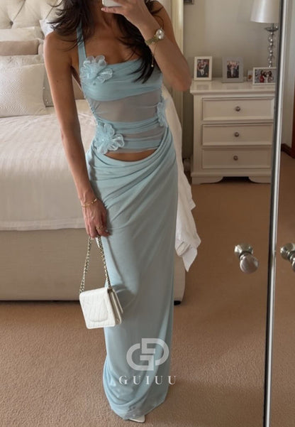 Sky Blue Spaghetti Straps Scoop Corset Tulle Ruched Prom Dress