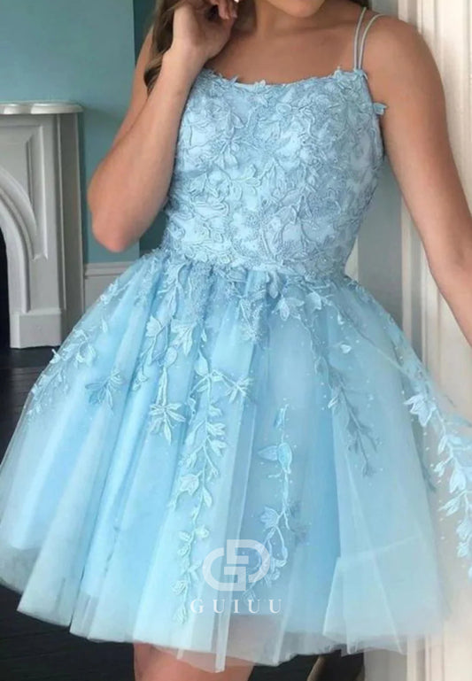 Sky Blue Spaghetti Straps Scoop Lace-Up Back Homecoming Dress