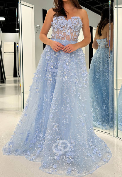 Sky Blue Spaghetti Straps Sweetheart Corset Tulle Prom Dress