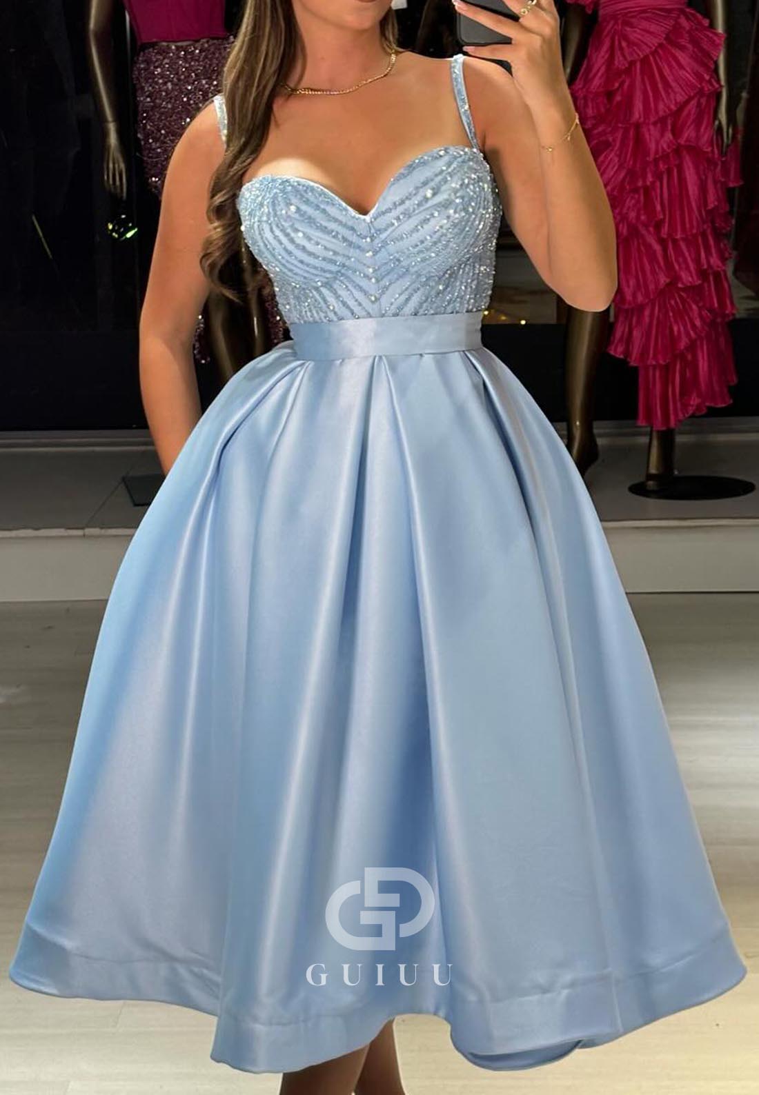Sky Blue Spaghetti Straps Sweetheart Empire-Waist Prom Dress