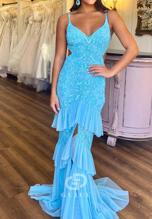 Sky Blue Spaghetti Straps Sweetheart Prom Dress with Ruffles