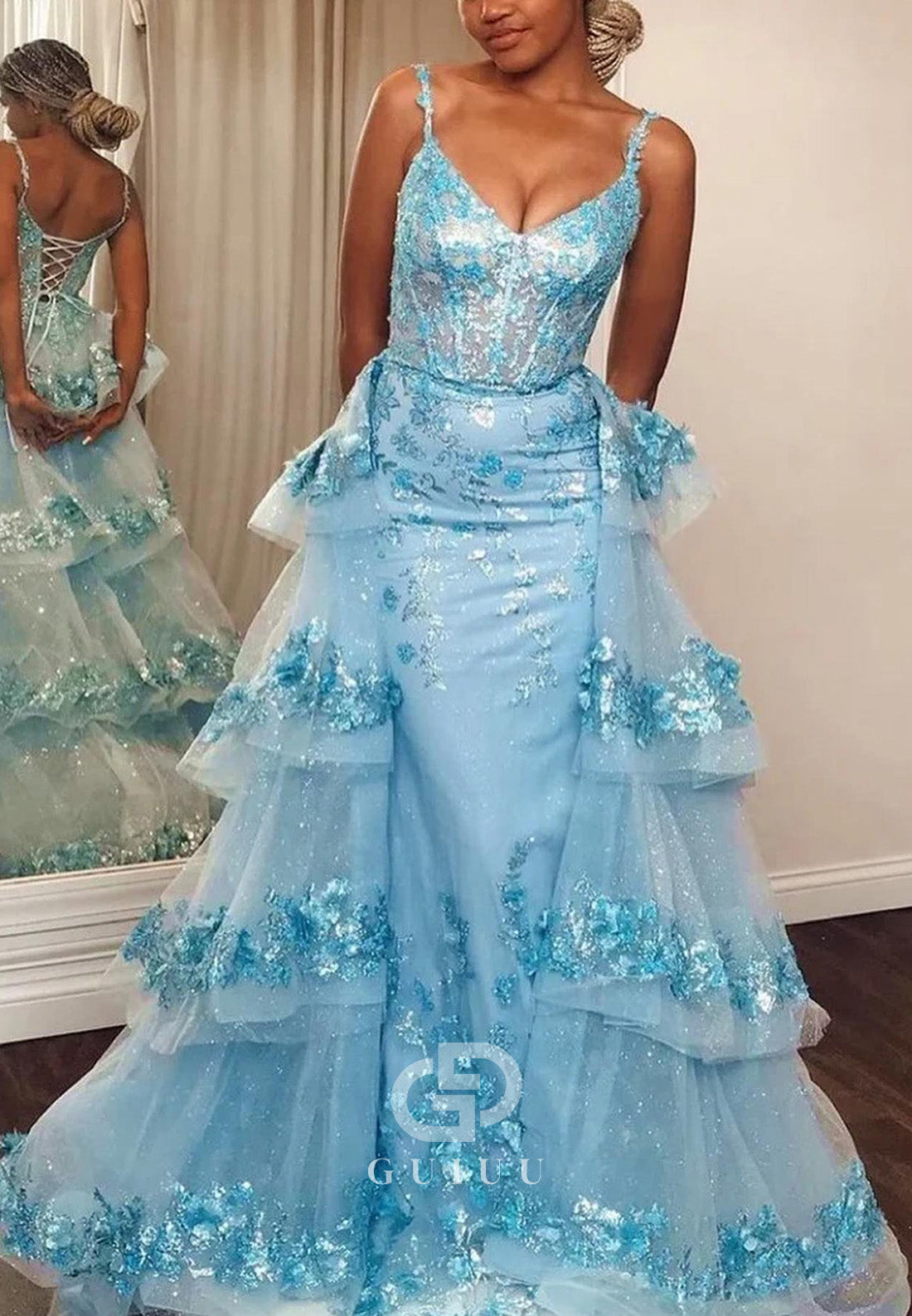 Sky Blue Spaghetti Straps Sweetheart Ruffles Prom Dress