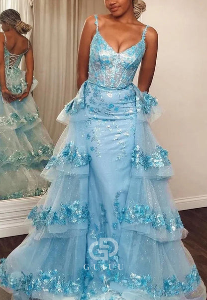 Sky Blue Spaghetti Straps Sweetheart Ruffles Prom Dress