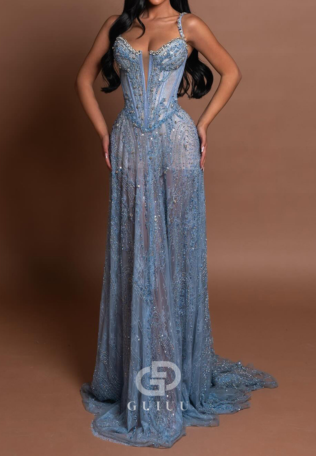 Sky Blue Spaghetti Straps Sweetheart Tulle Evening Dress