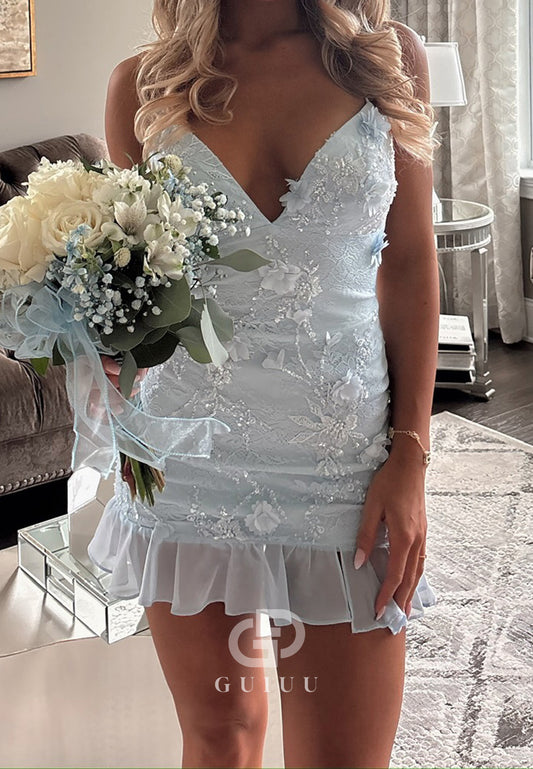 Sky Blue Spaghetti Straps V-Neck Appliques Homecoming Dress