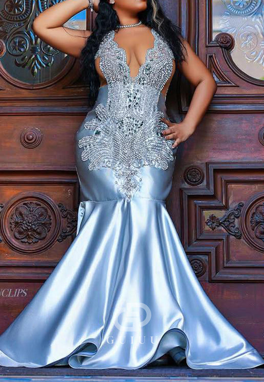 Sky Blue Spaghetti Straps V-Neck Appliques Prom Dress