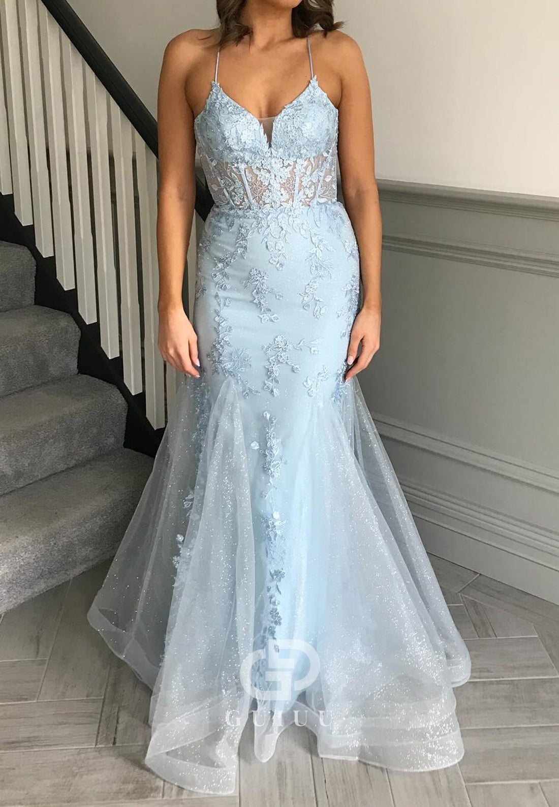 Sky Blue Spaghetti Straps V-Neck Corset Tulle Prom Dress