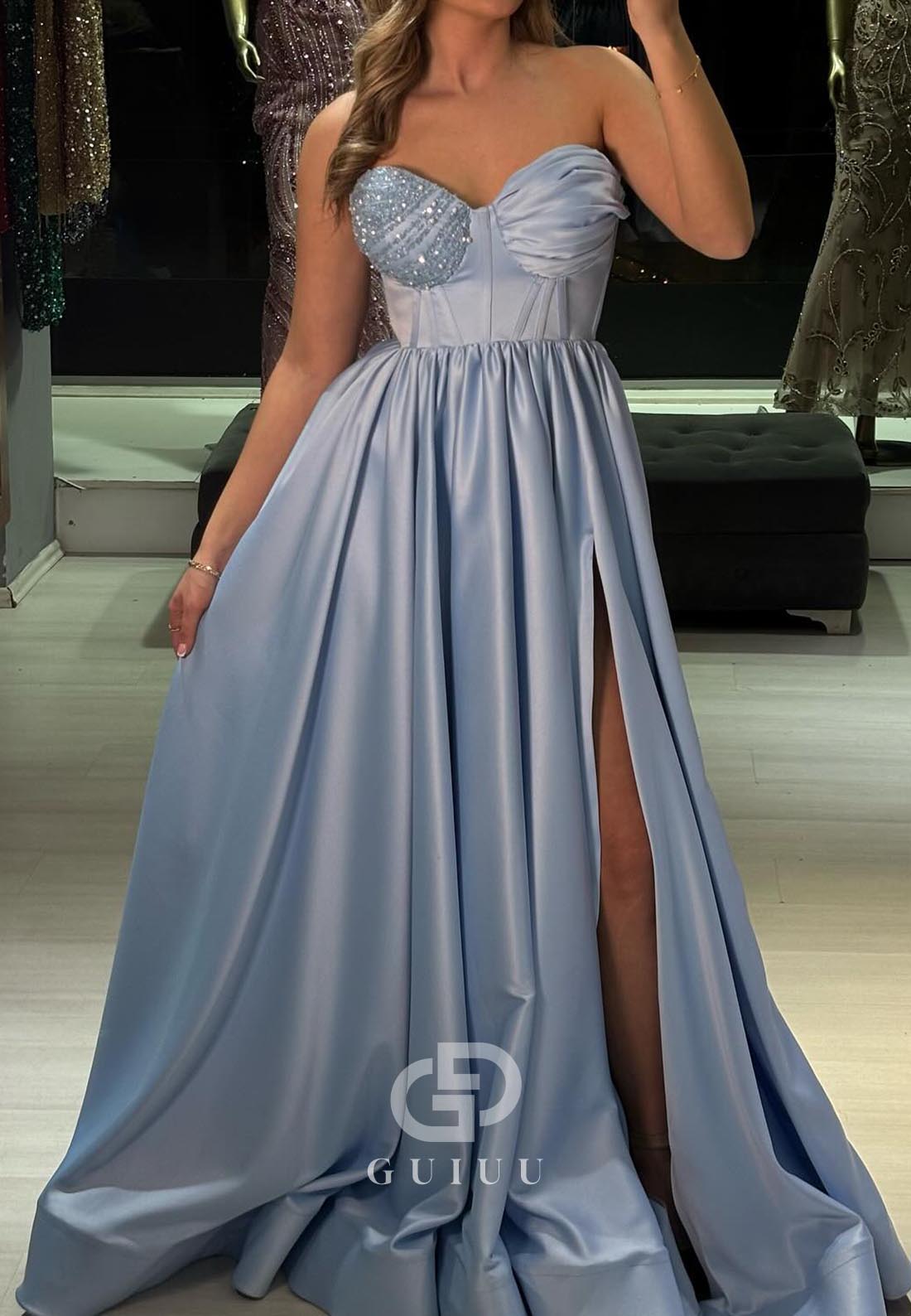 Sky Blue Strapless Sleeveless Empire-Waist Slit Prom Dress