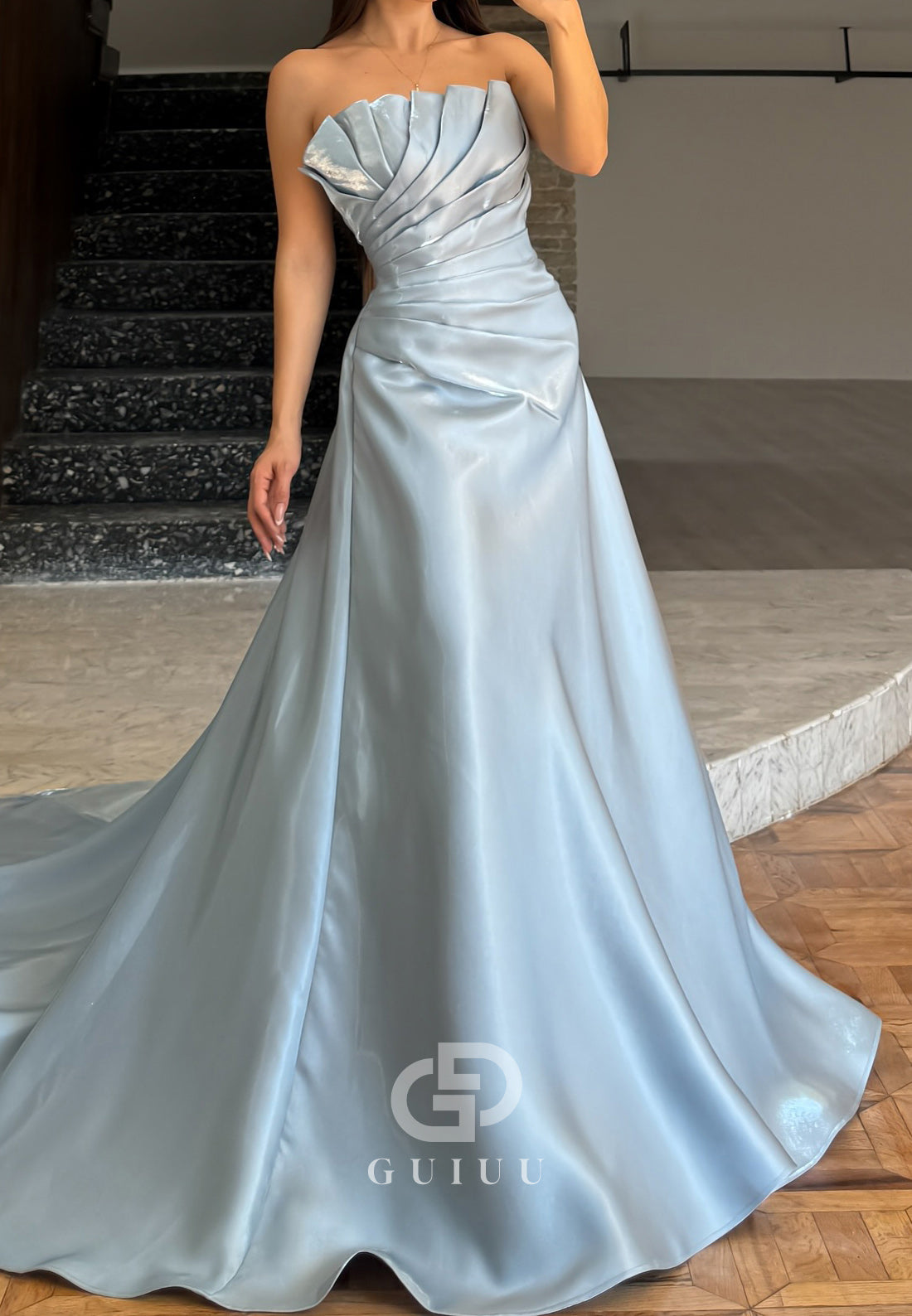 Sky Blue Strapless Sleeveless Ruched Sweep Train Evening Dress