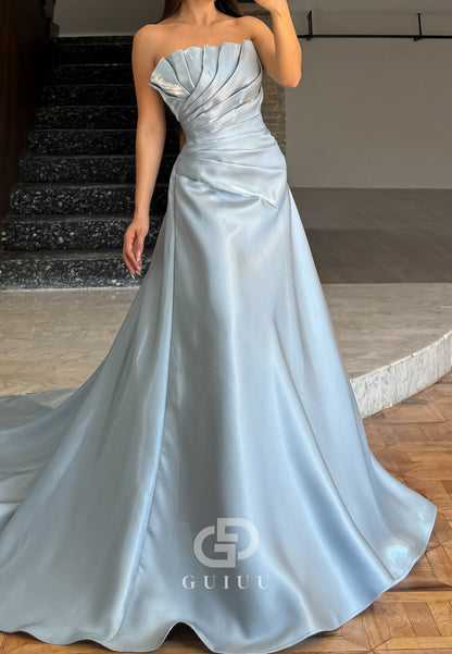 Sky Blue Strapless Sleeveless Ruched Sweep Train Evening Dress
