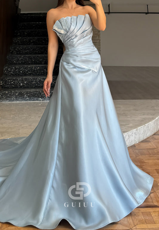 Sky Blue Strapless Sleeveless Ruched Sweep Train Evening Dress