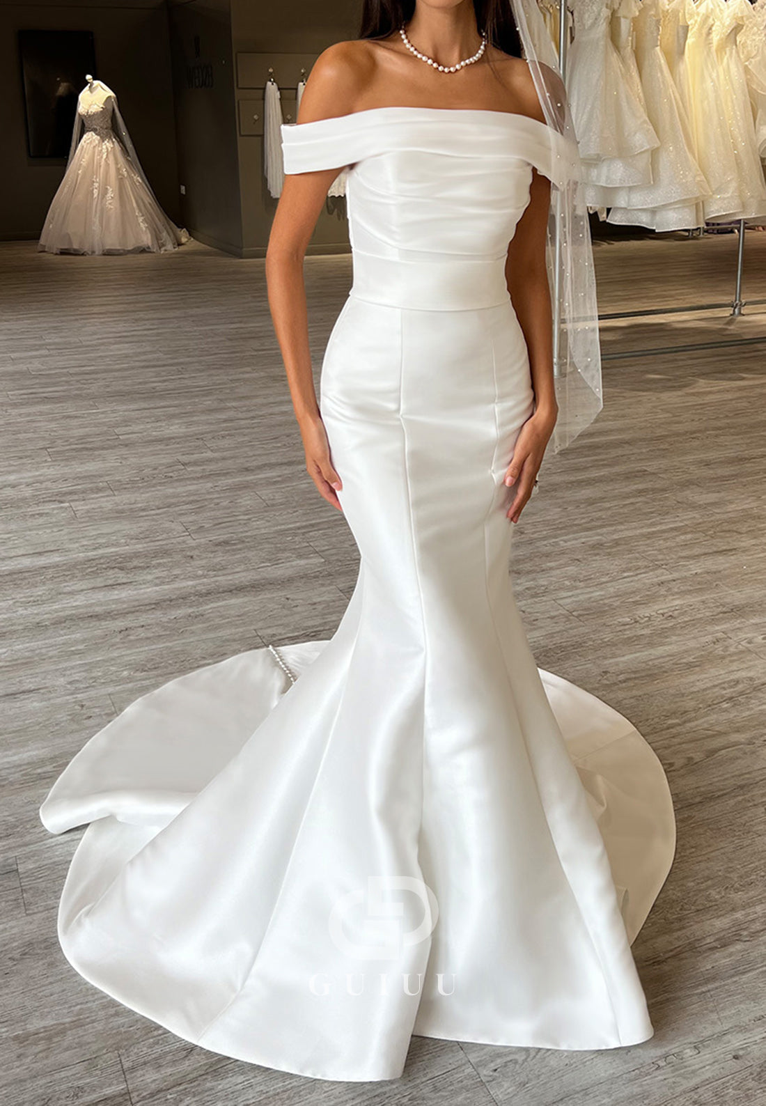 Sleeveless Off-Shoulder Ruched Satin Mermaid Wedding Dress