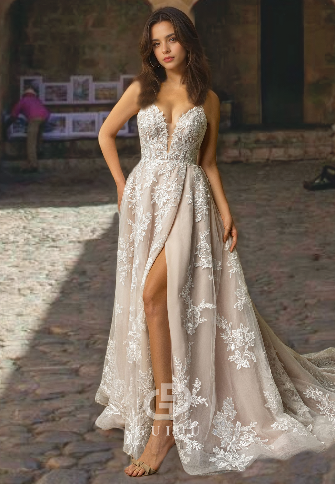 Sleeveless Sexy Trumpet Floral Lace Wedding Dress with Pockets and Spaghetti Straps