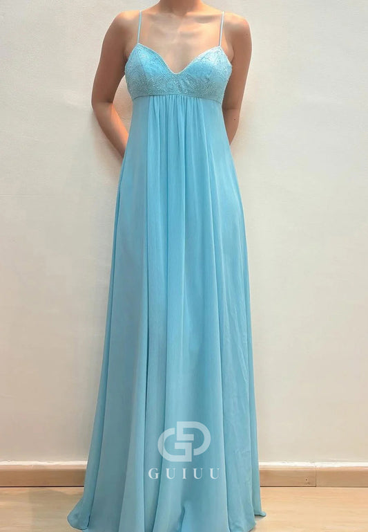 Spaghetti Straps A-Line V-Neck Appliques Pleated Chiffon Prom Dress