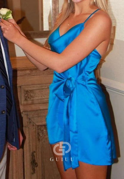 Spaghetti Straps Cowl Neck Pleated Satin Sleeveless Mini Homecoming Dress