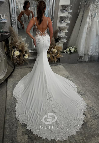 Spaghetti Straps Floral Appliques Backless Mermaid Wedding Dress