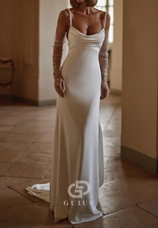 Spaghetti Straps Scoop Pearls Mermaid Wedding Dress