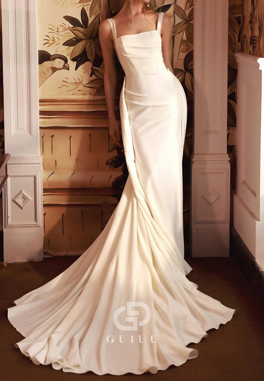 Spaghetti Straps Scoop Ruched Satin Wedding Dress