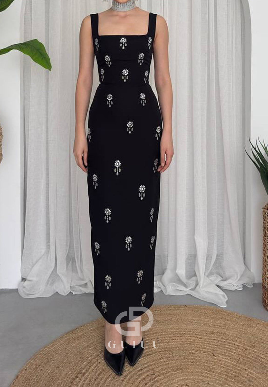 Spaghetti Straps Square Beads Ankle-Length Evening Dress