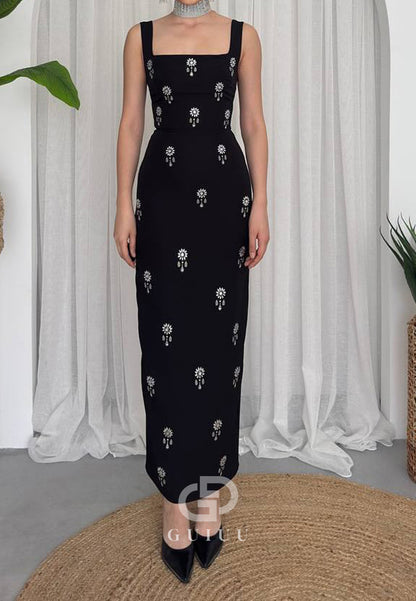 Spaghetti Straps Square Beads Ankle-Length Evening Dress