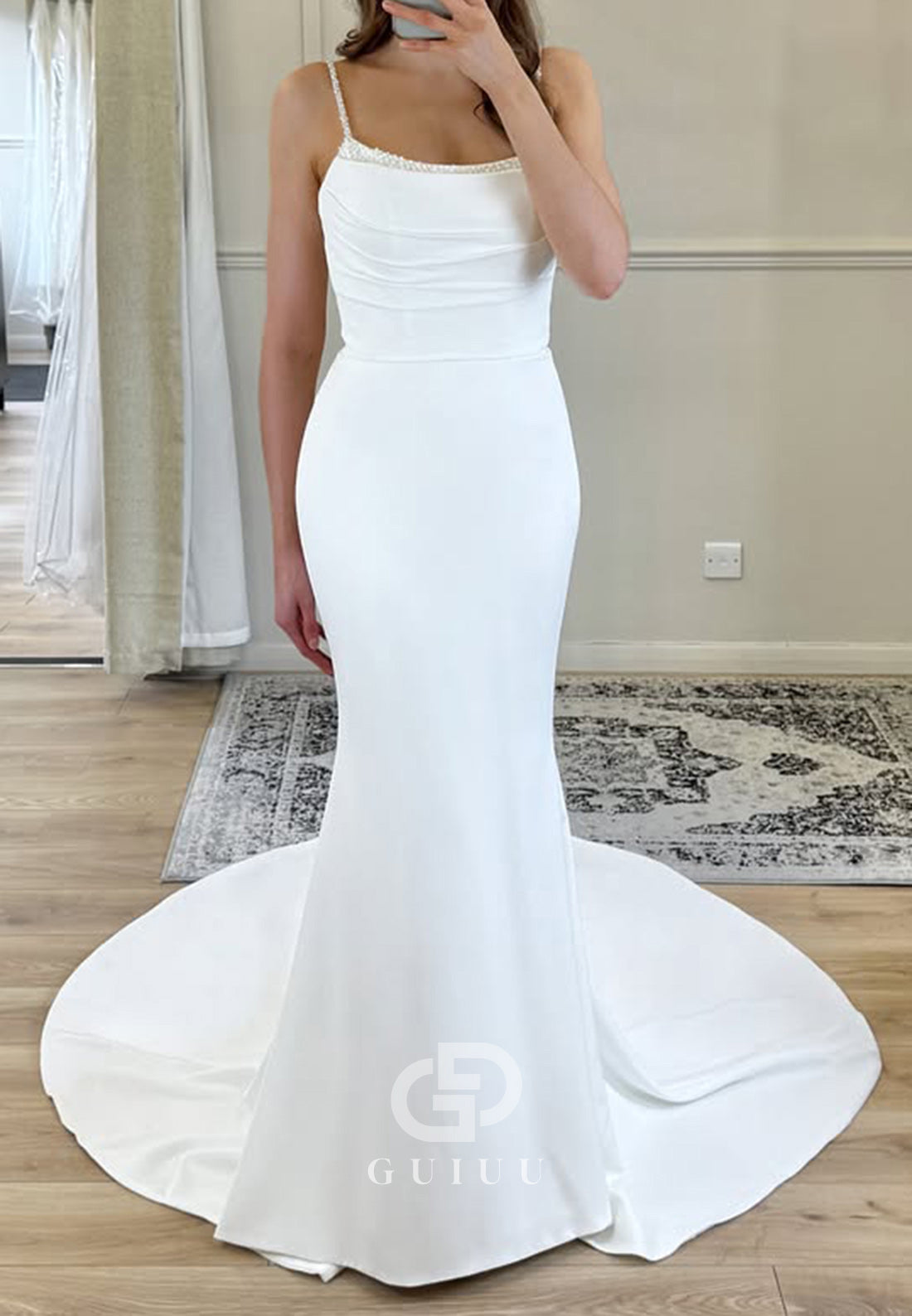 Spaghetti Straps Square Mermaid Satin Wedding Dress