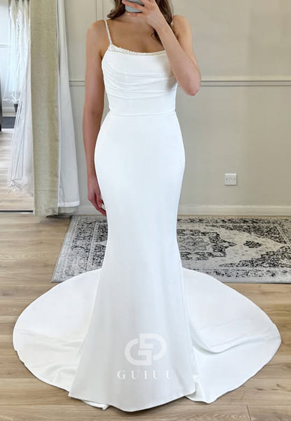 Spaghetti Straps Square Mermaid Satin Wedding Dress