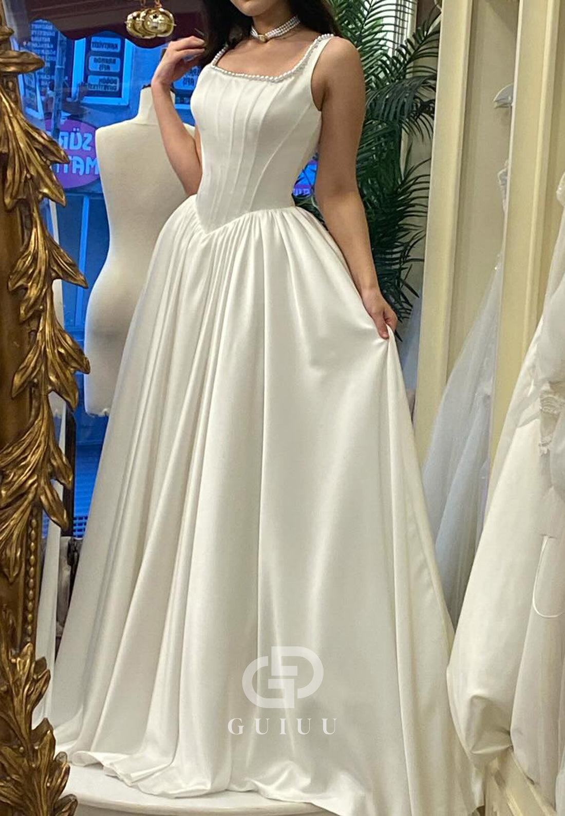 Spaghetti Straps Square Pearls Satin Wedding Dress