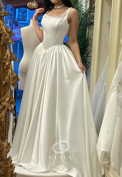 Spaghetti Straps Square Pearls Satin Wedding Dress