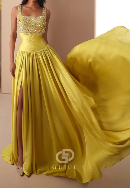 Spaghetti Straps Square Sequins A-Line Evening Dress