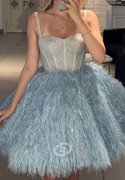 Spaghetti Straps Sweetheart Feathers A-Line Homecoming Dress