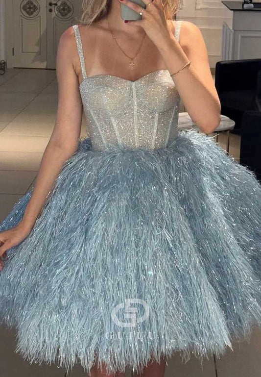 Spaghetti Straps Sweetheart Feathers A-Line Homecoming Dress