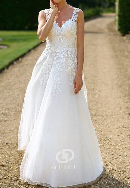 Spaghetti Straps Sweetheart Floral Appliques Lace Wedding Dress