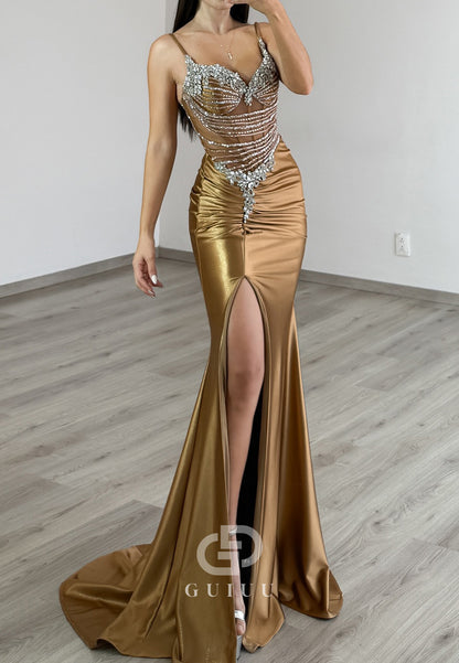 Spaghetti Straps Sweetheart Ruched Beads Evening Dress