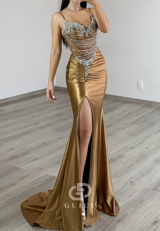 Spaghetti Straps Sweetheart Ruched Beads Evening Dress