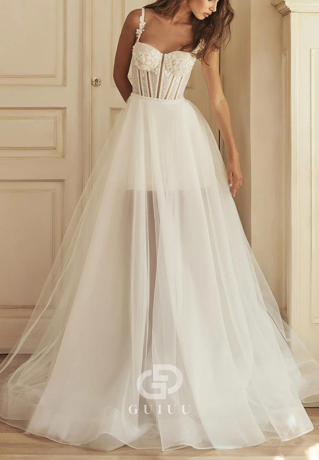 Spaghetti Straps Sweetheart Slit Beach Wedding Dress