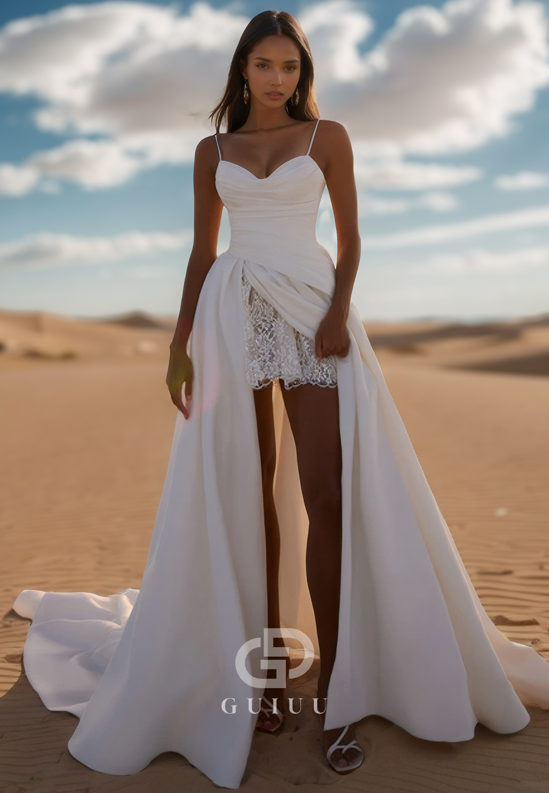 Spaghetti Straps Sweetheart Slit Ruched Satin Wedding Dress