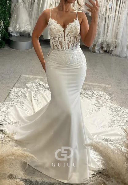 Spaghetti Straps V-Neck Backless Appliques Mermaid Wedding Dress