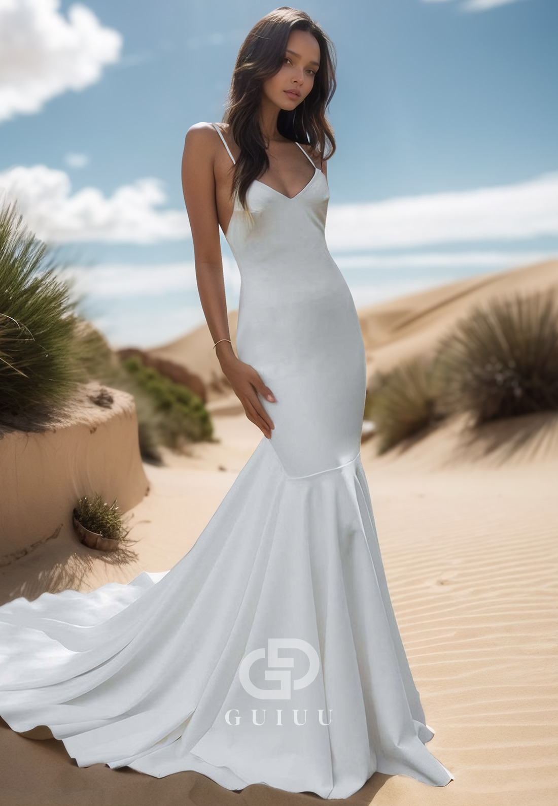 Spaghetti Straps V-Neck Backless Satin Mermaid Wedding Dress